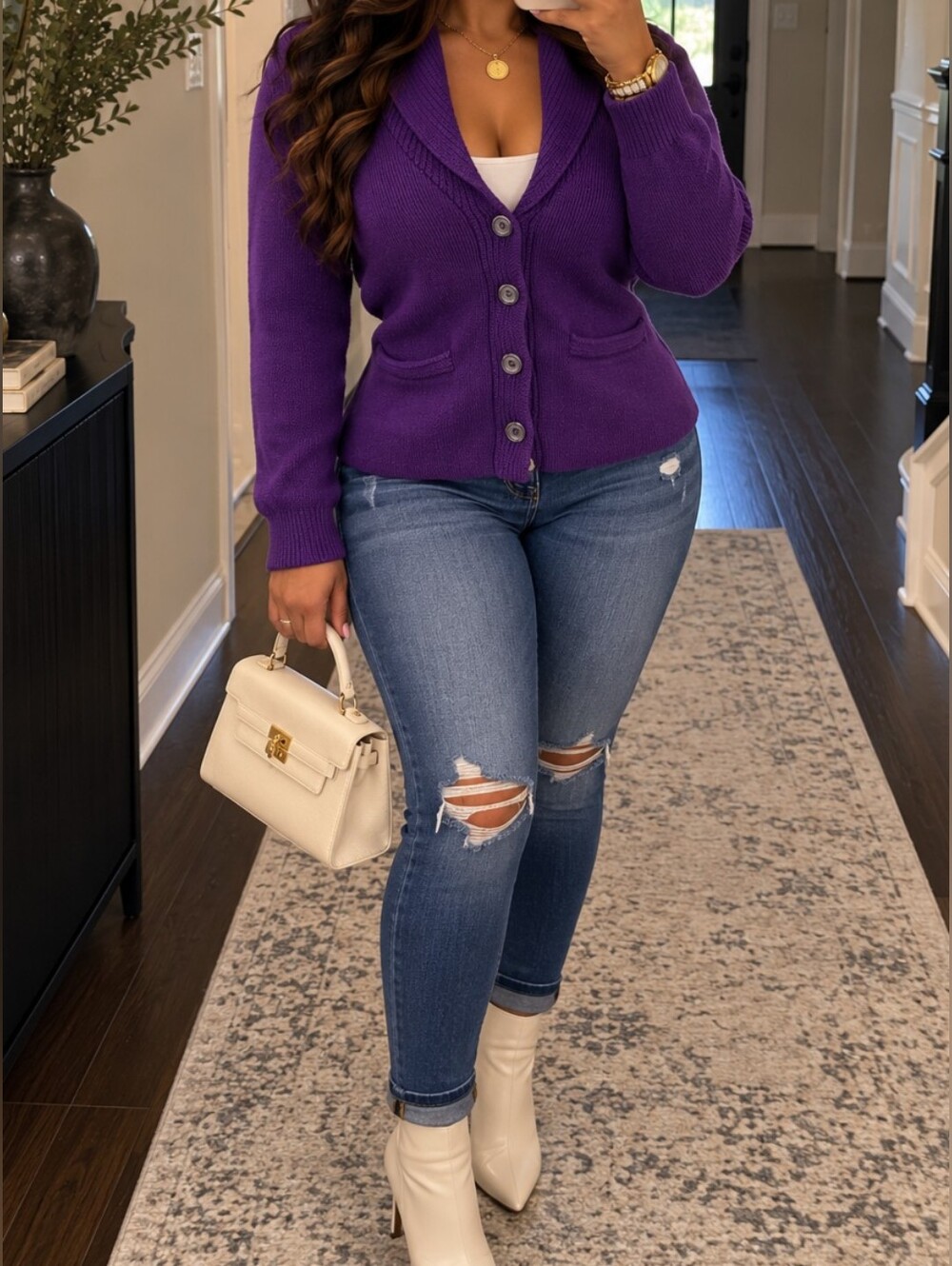 Chaps Classics Womens M Purple 100% Cotton Shawl Collar Peplum Cardigan Sweater